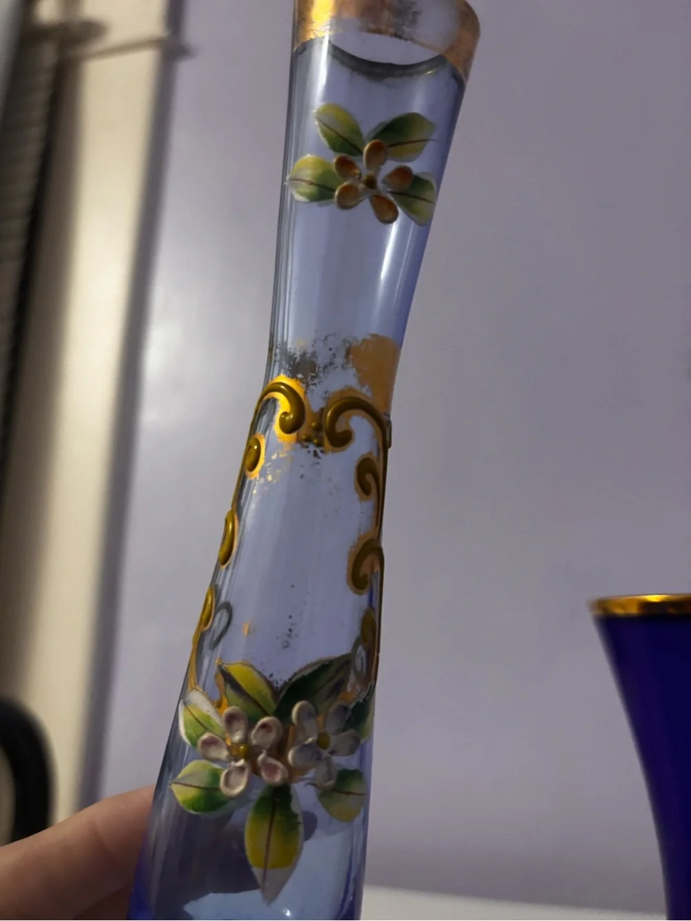 Cobalt Blue Hand-Painted Floral Glass Vase - Gold Trim